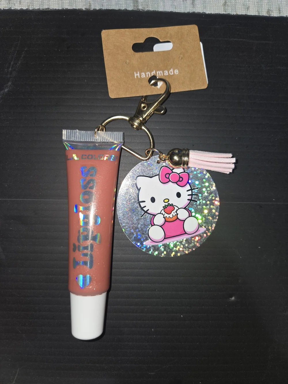 Hello Kitty Holographic Keychain with Pink Tassel & Peach Lip Gloss
